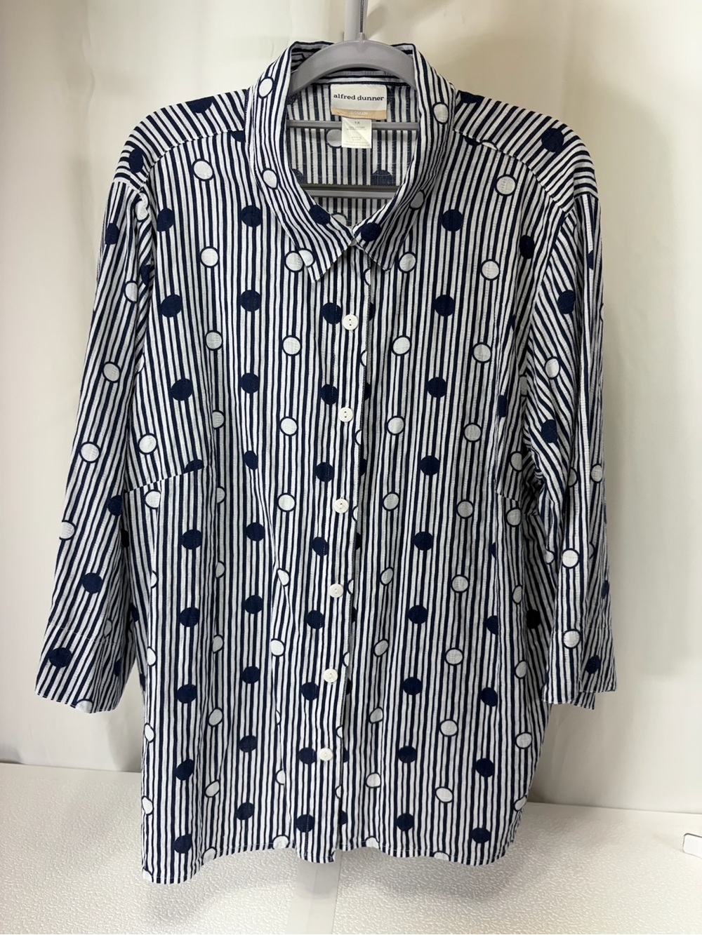 Alfred Dunner Navy and White Striped Shirt with Polka Dot Accents 3078